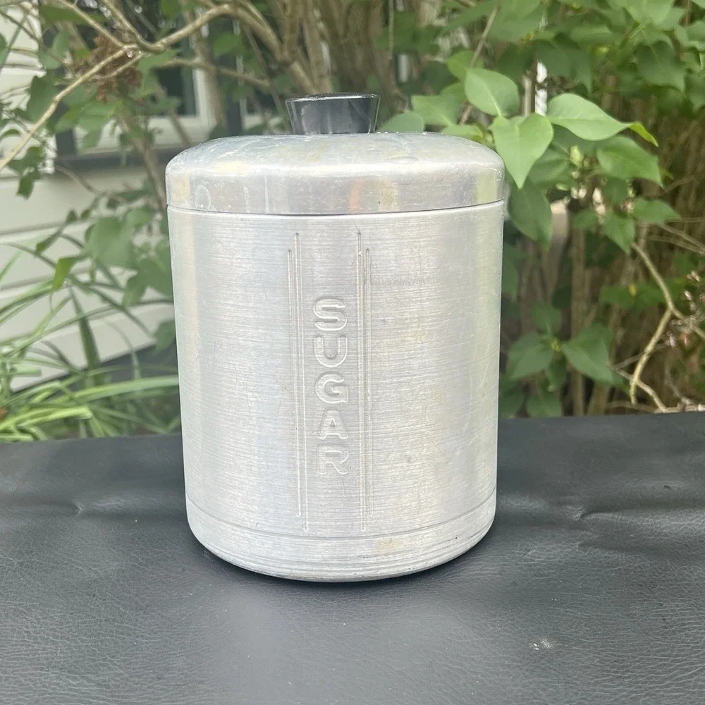 Vintage 1950's Aluminum Kitchen Sugar Canister with Lid 8